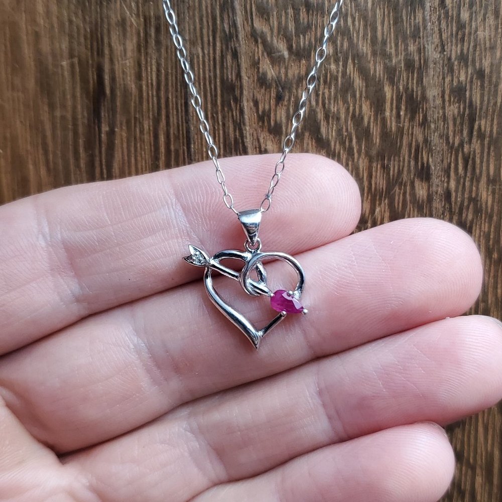 18 Inch Sterling Silver Ruby And Diamond Heart Arrow Necklace